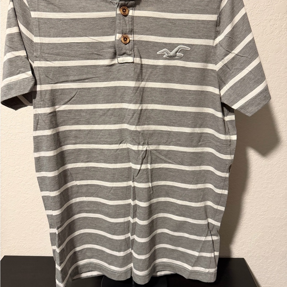 Hollister Gray and White Striped Polo Shirt